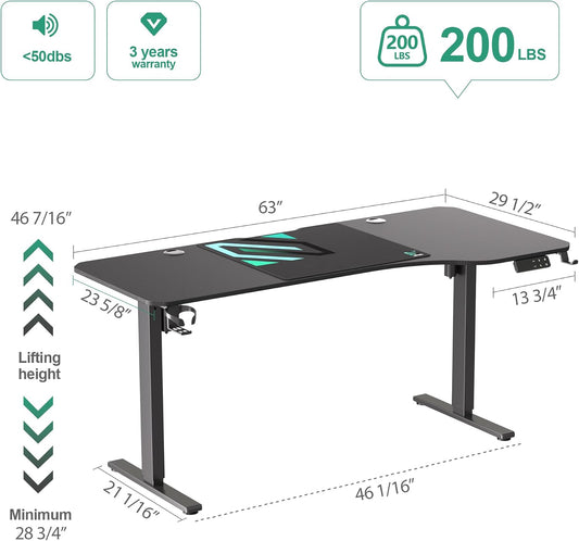 Dual Motor L Shaped Standing Desk 63”, Electric Height Adjustable Gaming Desk with Memory Presets, Child Lock, Sit Stand Reminder, Carbon Fiber Desktop, Cable Management, Cup Holder