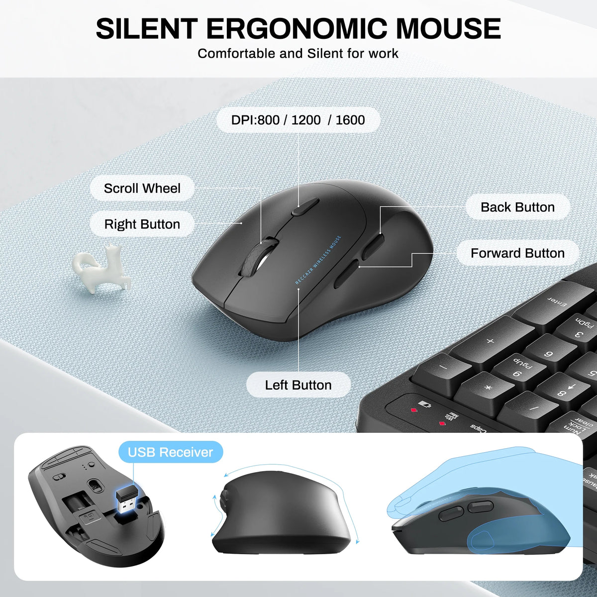Wireless Wave Keys Combo, Ergonomic Keyboard and Mouse, 2.4Ghz, Full Size, Comfortable Natural Typing, for Laptop, Mac, Windows (Grey)